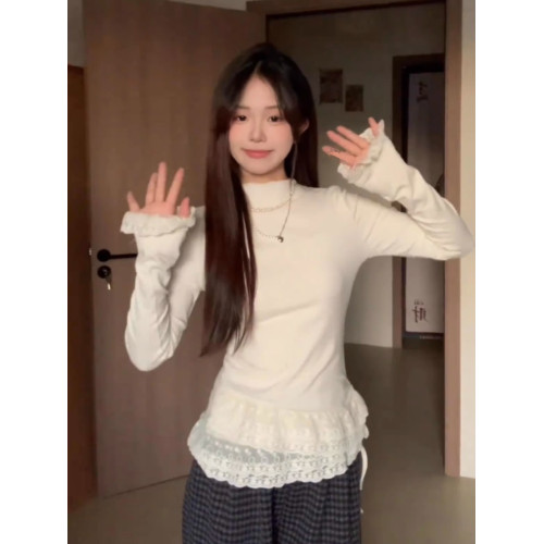 韓系純欲蕾絲半高領長袖毛衣女秋冬小個子套頭修身顯瘦打底衫上衣 韓系純欲蕾絲半高領長袖毛衣女秋冬小個子套頭修身顯瘦打底衫上衣