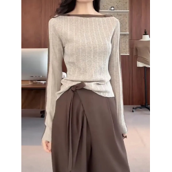 大碼胖MM撞色針織打底衫女2025秋新款氣質修身顯瘦一字肩長袖上衣