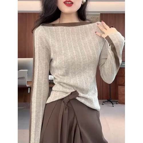 大碼胖MM撞色針織打底衫女2025秋新款氣質修身顯瘦一字肩長袖上衣 大碼胖MM撞色針織打底衫女2025秋新款氣質修身顯瘦一字肩長袖上衣