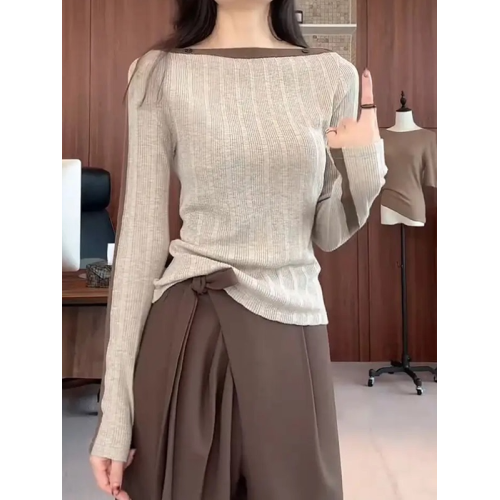 大碼胖MM撞色針織打底衫女2025秋新款氣質修身顯瘦一字肩長袖上衣 大碼胖MM撞色針織打底衫女2025秋新款氣質修身顯瘦一字肩長袖上衣