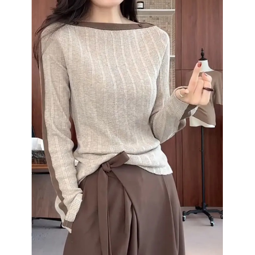 大碼胖MM撞色針織打底衫女2025秋新款氣質修身顯瘦一字肩長袖上衣 大碼胖MM撞色針織打底衫女2025秋新款氣質修身顯瘦一字肩長袖上衣