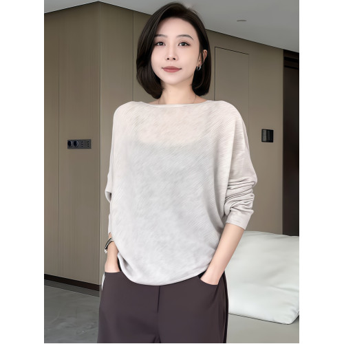 蝙蝠袖一字領針織衫女早秋薄款2025新款慵懶松弛感長袖微透感上衣