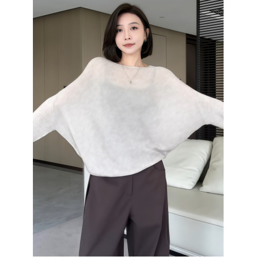 蝙蝠袖一字領針織衫女早秋薄款2025新款慵懶松弛感長袖微透感上衣