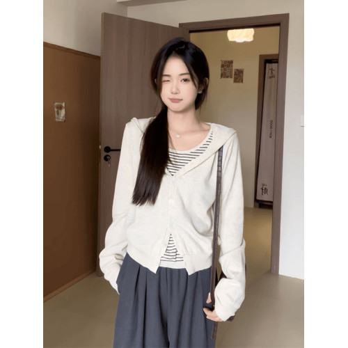 撞色條紋連帽假兩件長袖針織衫女2025早秋新款設計感曡穿毛衣上衣