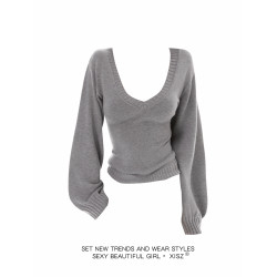 美式辣妹休閒風寬松大V領燈籠袖針織毛衣女秋季灰色收腰顯瘦上衣