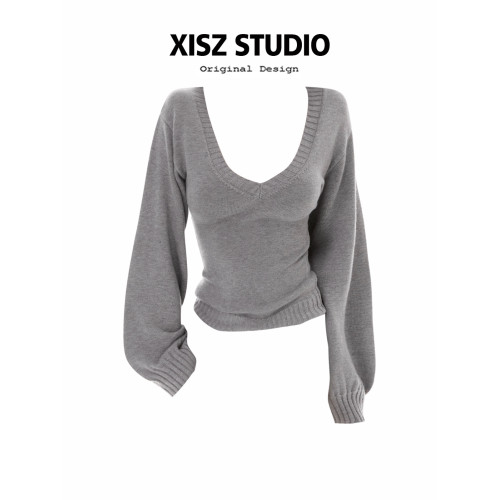 美式辣妹休閒風寬松大V領燈籠袖針織毛衣女秋季灰色收腰顯瘦上衣 美式辣妹休閒風寬松大V領燈籠袖針織毛衣女秋季灰色收腰顯瘦上衣