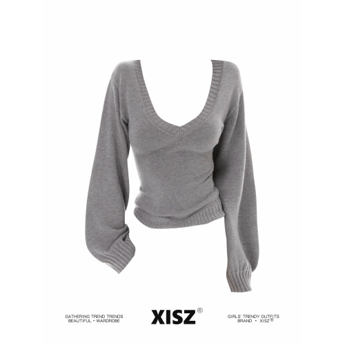 美式辣妹休閒風寬松大V領燈籠袖針織毛衣女秋季灰色收腰顯瘦上衣 美式辣妹休閒風寬松大V領燈籠袖針織毛衣女秋季灰色收腰顯瘦上衣