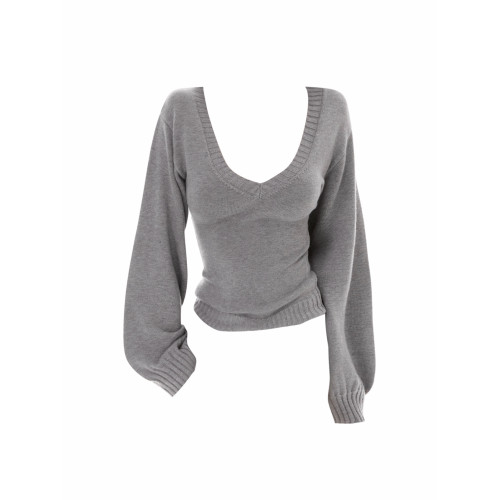 美式辣妹休閒風寬松大V領燈籠袖針織毛衣女秋季灰色收腰顯瘦上衣 美式辣妹休閒風寬松大V領燈籠袖針織毛衣女秋季灰色收腰顯瘦上衣