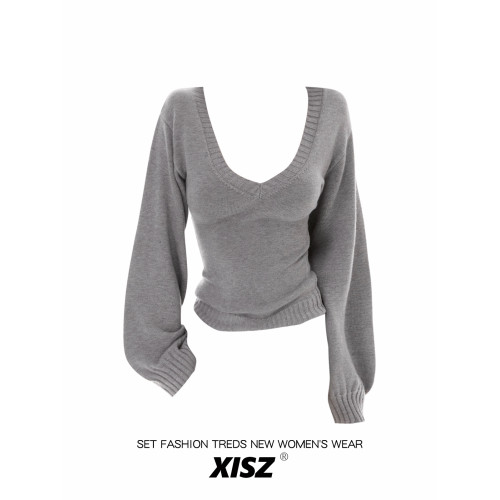 美式辣妹休閒風寬松大V領燈籠袖針織毛衣女秋季灰色收腰顯瘦上衣 美式辣妹休閒風寬松大V領燈籠袖針織毛衣女秋季灰色收腰顯瘦上衣