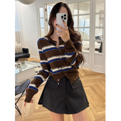 韓系時尚氣質撞色條紋針織開衫女2025秋季新款小個子百搭長袖上衣