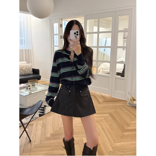 韓系時尚氣質撞色條紋針織開衫女2025秋季新款小個子百搭長袖上衣 韓系時尚氣質撞色條紋針織開衫女2025秋季新款小個子百搭長袖上衣