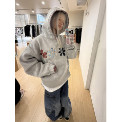 美式高街織帶帽衫刺綉花朵衛衣女秋冬加絨重磅灰色情侶裝連帽外套