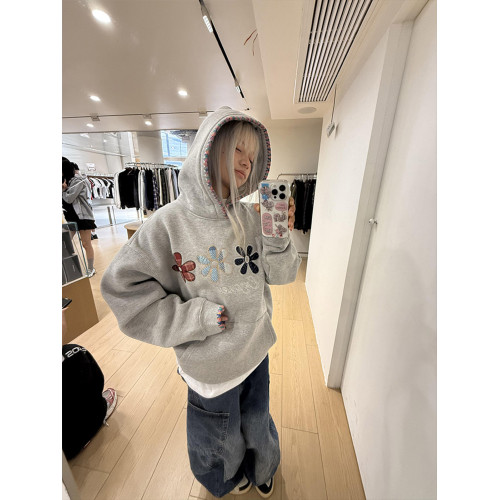 美式高街織帶帽衫刺綉花朵衛衣女秋冬加絨重磅灰色情侶裝連帽外套