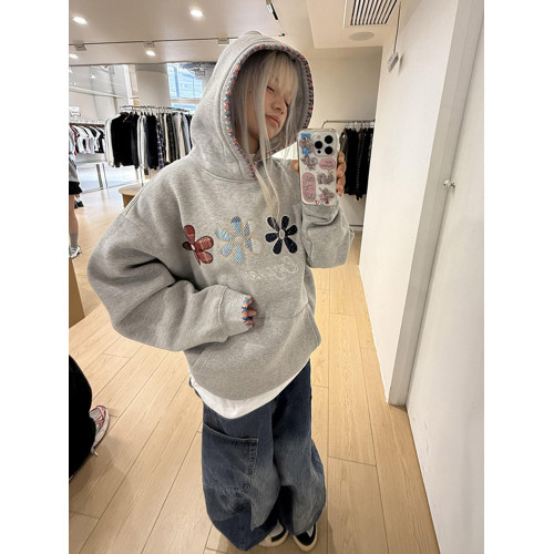 美式高街織帶帽衫刺綉花朵衛衣女秋冬加絨重磅灰色情侶裝連帽外套