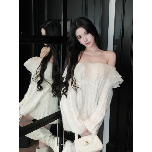 Barb chill千金風一字肩毛衣女秋季新款條紋拼接曡層網紗領上衣