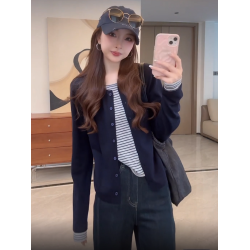 拼接條紋假兩件針織開衫女秋季新款寬松顯瘦打底衫毛衣圓領上衣