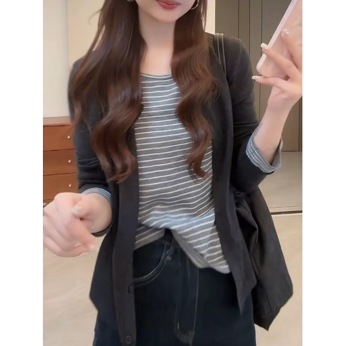 拼接條紋假兩件針織開衫女秋季新款寬松顯瘦打底衫毛衣圓領上衣 拼接條紋假兩件針織開衫女秋季新款寬松顯瘦打底衫毛衣圓領上衣