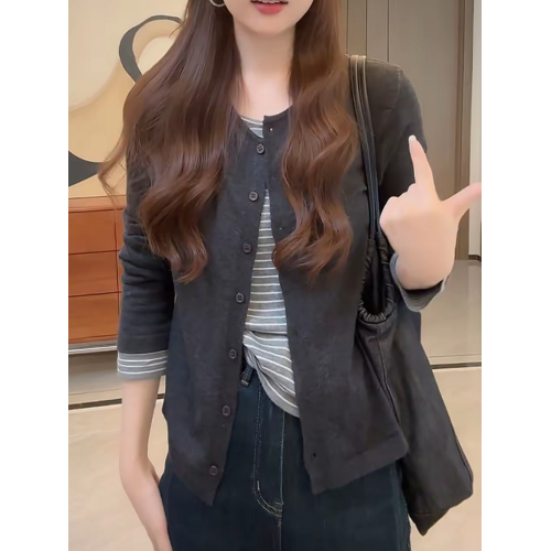 拼接條紋假兩件針織開衫女秋季新款寬松顯瘦打底衫毛衣圓領上衣 拼接條紋假兩件針織開衫女秋季新款寬松顯瘦打底衫毛衣圓領上衣