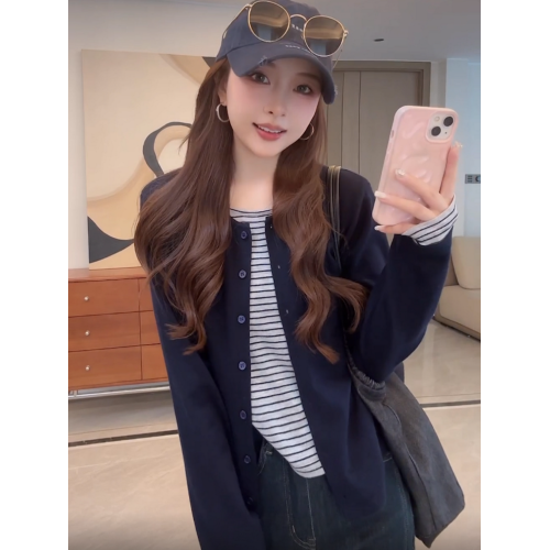 拼接條紋假兩件針織開衫女秋季新款寬松顯瘦打底衫毛衣圓領上衣 拼接條紋假兩件針織開衫女秋季新款寬松顯瘦打底衫毛衣圓領上衣