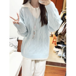 韓系baby藍色假兩件毛衣女秋冬季慵懶風寬松軟糯翻領套頭針織上衣