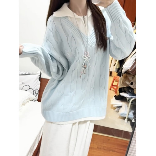 韓系baby藍色假兩件毛衣女秋冬季慵懶風寬松軟糯翻領套頭針織上衣