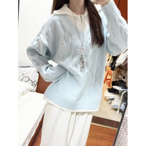 韓系baby藍色假兩件毛衣女秋冬季慵懶風寬松軟糯翻領套頭針織上衣