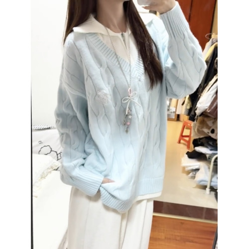 韓系baby藍色假兩件毛衣女秋冬季慵懶風寬松軟糯翻領套頭針織上衣