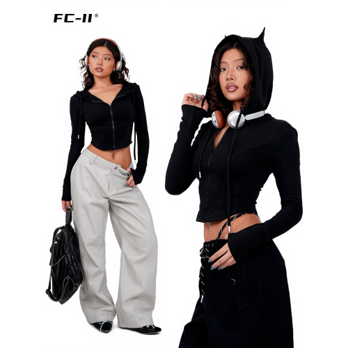 Fcii小耳朵連帽衛衣外套女長袖上衣春秋辣妹外穿單品百搭顯瘦開衫