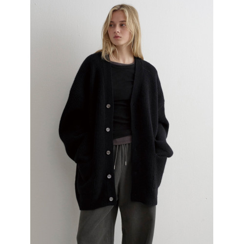 秋冬慵懶黑色v領羊毛中長款針織外套毛衣女2025新款法式開衫上衣