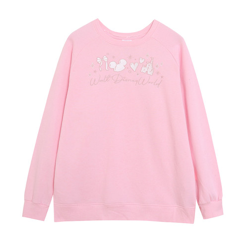 樂園款~純色重工刺綉 卡通字母圓領長袖衛衣女套頭大碼上衣粉 樂園款~純色重工刺綉 卡通字母圓領長袖衛衣女套頭大碼上衣粉