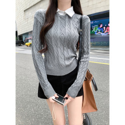 MosesQueen魔西女王假兩件黑色麻花毛衣女秋冬內搭打底衫針織上衣