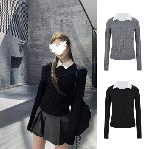 MosesQueen魔西女王假兩件黑色麻花毛衣女秋冬內搭打底衫針織上衣