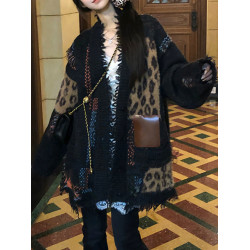 韓系百搭重工皮標破碎流蘇加厚撞色毛衣寬松松弛感開衫外套女