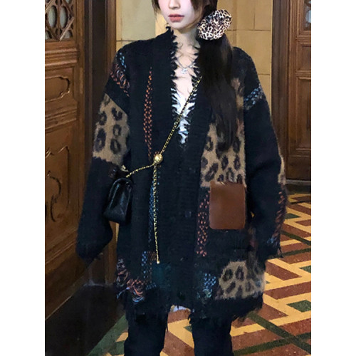 韓系百搭重工皮標破碎流蘇加厚撞色毛衣寬松松弛感開衫外套女 韓系百搭重工皮標破碎流蘇加厚撞色毛衣寬松松弛感開衫外套女