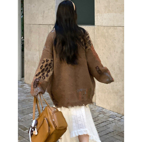 韓系百搭重工皮標破碎流蘇加厚撞色毛衣寬松松弛感開衫外套女 韓系百搭重工皮標破碎流蘇加厚撞色毛衣寬松松弛感開衫外套女