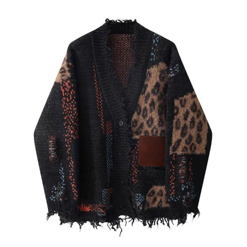 韓系百搭重工皮標破碎流蘇加厚撞色毛衣寬松松弛感開衫外套女 韓系百搭重工皮標破碎流蘇加厚撞色毛衣寬松松弛感開衫外套女