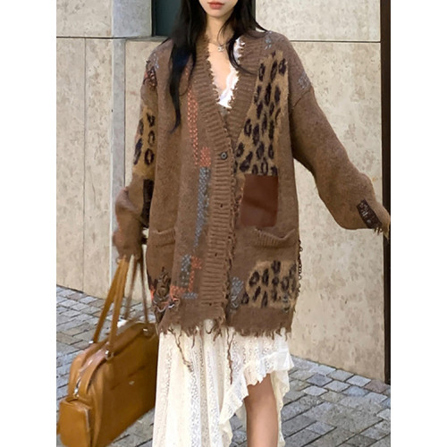 韓系百搭重工皮標破碎流蘇加厚撞色毛衣寬松松弛感開衫外套女 韓系百搭重工皮標破碎流蘇加厚撞色毛衣寬松松弛感開衫外套女