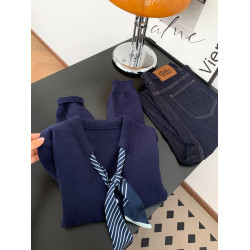 小香風獨特條紋絲巾系帶針織開衫女秋冬溫柔氣質V領內搭外套上衣