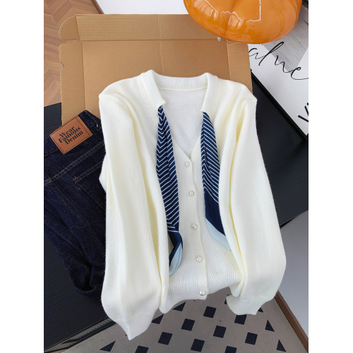 小香風獨特條紋絲巾系帶針織開衫女秋冬溫柔氣質V領內搭外套上衣 小香風獨特條紋絲巾系帶針織開衫女秋冬溫柔氣質V領內搭外套上衣