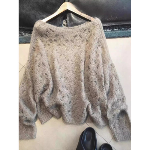 高級感鏤空咖色毛衣女2025春秋軟糯慵懶馬海毛減齡百搭套頭上衣