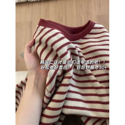 2025早秋新款紅色條紋毛衣慵懶高級感寬松休閒內搭針織打底衫上衣