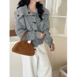 韓系慵懶風牛角釦設計感毛衣外套女秋冬季新款顯瘦短款針織衫開衫