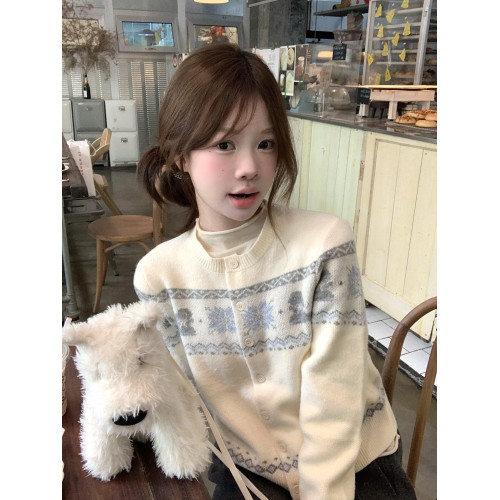 早秋氛圍感新款韓系復古提花開衫撞色圓領針織外套女寬松外搭毛衣 早秋氛圍感新款韓系復古提花開衫撞色圓領針織外套女寬松外搭毛衣