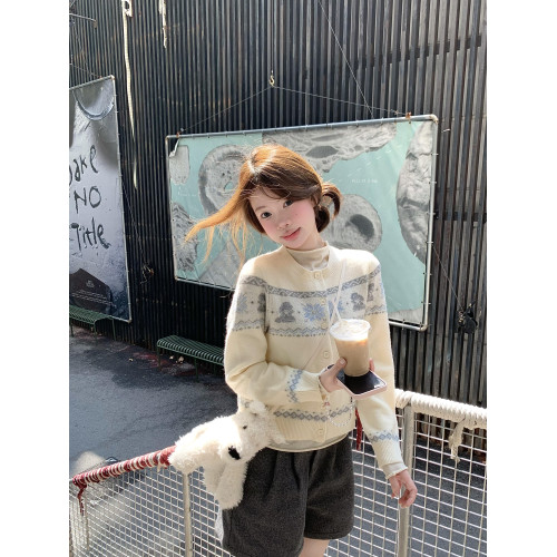 早秋氛圍感新款韓系復古提花開衫撞色圓領針織外套女寬松外搭毛衣 早秋氛圍感新款韓系復古提花開衫撞色圓領針織外套女寬松外搭毛衣