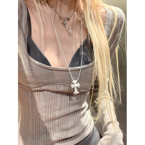 Rase le sol‘Mist Kiss’灰色鏤空針織衫修身長袖打底衫套頭毛衣