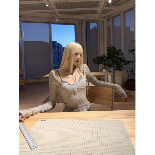 Rase le sol‘Mist Kiss’灰色鏤空針織衫修身長袖打底衫套頭毛衣