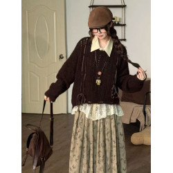 日系復古鏤空套頭毛衣女秋冬外穿寬松慵懶風高級感針織衫長袖上衣