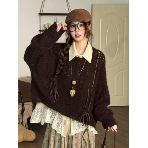 日系復古鏤空套頭毛衣女秋冬外穿寬松慵懶風高級感針織衫長袖上衣 日系復古鏤空套頭毛衣女秋冬外穿寬松慵懶風高級感針織衫長袖上衣