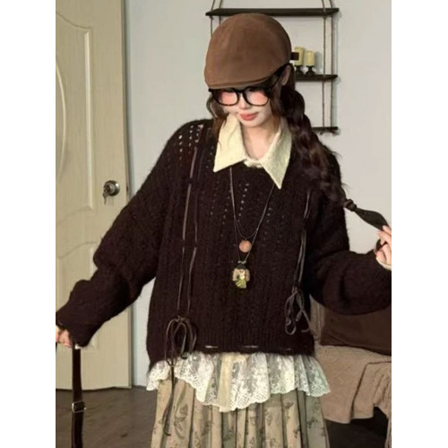 日系復古鏤空套頭毛衣女秋冬外穿寬松慵懶風高級感針織衫長袖上衣 日系復古鏤空套頭毛衣女秋冬外穿寬松慵懶風高級感針織衫長袖上衣