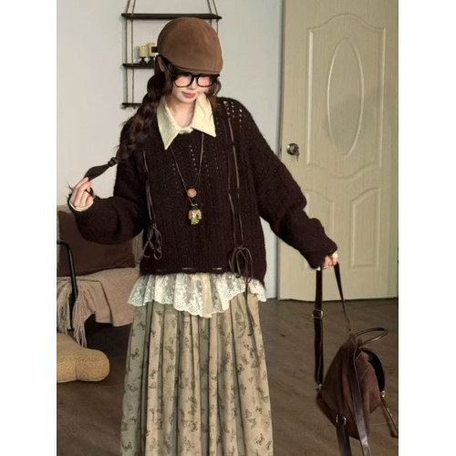 日系復古鏤空套頭毛衣女秋冬外穿寬松慵懶風高級感針織衫長袖上衣 日系復古鏤空套頭毛衣女秋冬外穿寬松慵懶風高級感針織衫長袖上衣